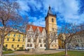 The fountain with Plague Column against New Town Town Hall, Prague, Czechia