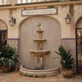 Fountain and plants with Patio Azul sign, Tlaquepaque, Sedona, Arizona