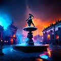 Fountain in the Plaza de Espana at night, Madrid, Spain Generative AI