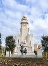 Fountain of the Plaza de EspaÃÂ±a in Madrid with the monument to Miguel de Cervantes. Bronze figures of Don Quixote de la Mancha