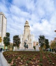 Fountain of the Plaza de EspaÃÂ±a in Madrid with the monument to Miguel de Cervantes. Bronze figures of Don Quixote de la Mancha Royalty Free Stock Photo