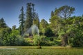 Fountain in the pond covered in water lilies, Powerscourt gardens, Ireland Royalty Free Stock Photo