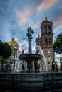 Fountain and Puebla Cathedral - Puebla, Mexico