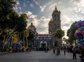 Fountain and Puebla Cathedral at sunset - Puebla, Mexico Royalty Free Stock Photo