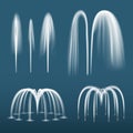 Fountain realistic. Decorative water splashes spray liquids from fountain jet vector templates collection