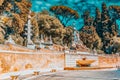 Fountain of Rome`s Goddess and Terrace de Pincio Terrazza del Pincio near People Square Piazza del Popolo  in Rome. Italy Royalty Free Stock Photo