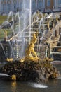 Fountain `Samson tearing open the jaws of a lion`, Grand cascade in Pertergof, Saint-Petersburg Royalty Free Stock Photo