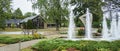 Fountain and sculpture and church in Laval-sur-le-Lac, Quebec Royalty Free Stock Photo