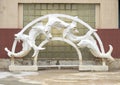 `Fountain Sculpture of Five Fish` in empty reflecting pool in front of the Woman`s Museum in Fair Park in Dallas, Texas.
