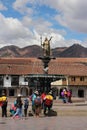 A fountain with a statue of the Inca King Pachacutec in the main square of Cusco, Peru