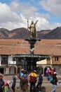 A fountain with a statue of the Inca King Pachacutec in the main square of Cusco, Peru Royalty Free Stock Photo
