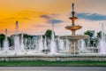 Fountain with sunset at Unirii Square in Bucharest, Romania Royalty Free Stock Photo