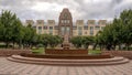 Fountain, trees and grass in front of the George A. Purefoy Municipal Center in the City of Frisco, Texas.