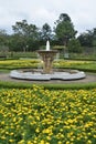 Fountain water in the public park full of colorful flowers