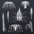 Fountain water. Realistic jets and splashes combination collection, park or garden decorative elements, 3d abstract