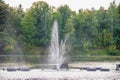 Fountain on the water. Water show. Fountain on the lake in the park