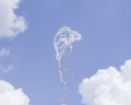 Fountain water splash against blurred sky with clouds, selective focus, shallow DOF Royalty Free Stock Photo