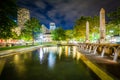 Fountains and buildings at Copley Square at night, in Boston, Ma