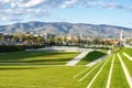 Fountains and green grass terraces of University park in southern part of Zagreb, Croatia