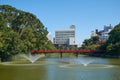 The fountains on the Kawazokoike Pond in Tennoji Park. Osaka. Japan