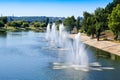 Fountains in Kiev District Rusanovka fountains panorama. Kiev Uk Royalty Free Stock Photo