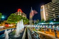 Fountains and modern buildings at night, in downtown Bethesda, Maryland