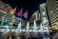 Fountains and modern buildings at night, in downtown Bethesda, Maryland