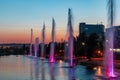 Fountains music light show on Rusanovka channel in Kyiv, Ukraine.