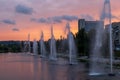 Fountains music light show on Rusanovka channel in Kyiv, Ukraine. Royalty Free Stock Photo