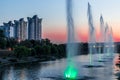 Fountains music light show on Rusanovka channel in Kyiv, Ukraine. Royalty Free Stock Photo