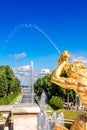 Fountains of Peterhof. View of Grand Cascade, Sea Canal from Grand Palace. Golden statues, Samson Fountain in Lower park Royalty Free Stock Photo