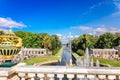 Fountains of Peterhof. View of Grand Cascade, Sea Canal from Grand Palace. Golden statues, Samson Fountain in Lower park Royalty Free Stock Photo