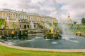 Fountains of Peterhof. View of Grand Palace, Golden statues of Grand Cascade and Samson Fountain at Peterhof Palace. Royalty Free Stock Photo