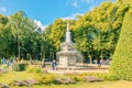 Fountains of Peterhof. View of Roman fountains in Lower park of Peterhof. Beautiful garden with green grass, shrubs and