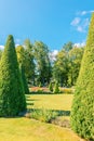 Fountains of Peterhof. View of Roman fountains in Lower park of Peterhof. Beautiful garden with green grass, shrubs and