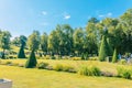 Fountains of Peterhof. View of Roman fountains in Lower park of Peterhof. Beautiful garden with green grass, shrubs and