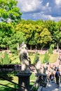 Fountains of Peterhof. View of Roman fountains in Lower park of Peterhof. Beautiful garden with green grass, shrubs and