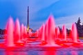 Fountains with red lights in Victory Park Poklonnaya Gora. Night illumination, summer evening in the city. Background - Victory Royalty Free Stock Photo