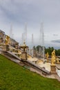 Fountains and sculptures of the Grand Cascade of the Peterhof Palace. Russia Royalty Free Stock Photo