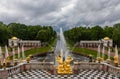 Fountains and sculptures of the Grand Cascade of the Peterhof Palace. Russia Royalty Free Stock Photo