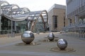 Steel sphere fountains in empty Sheffield city centre