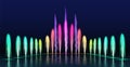 Fountains show. Realistic colored dancing water jets in night. Fountain cascade with lights for park decoration, 3d aqua