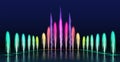 Fountains show. Realistic colored dancing water jets in night. Fountain cascade with lights for park decoration, 3d aqua sprays