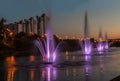 Fountains with soundlights on Rusanivska embankment in Kiev Royalty Free Stock Photo