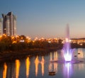 Fountains with soundlights on Rusanivska embankment in Kiev Royalty Free Stock Photo