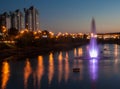 Fountains with soundlights on Rusanivska embankment in Kiev Royalty Free Stock Photo