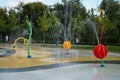 Fountains splashing water in the summer for children`s games. Royalty Free Stock Photo