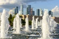 Fountains in Victory park on Poklonnaya hill with Moscow city at background, Russia Royalty Free Stock Photo