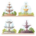 Fountains. Water beauty decorative constructions for gardens outdoor park vector cartoon illustrations