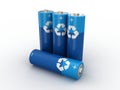 Four AA batteries blue. 3d rendering on white background Royalty Free Stock Photo